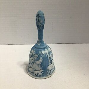 Vintage Fenton Hand Painted‎ Blue Nativity Bell - signed by S. Kirby